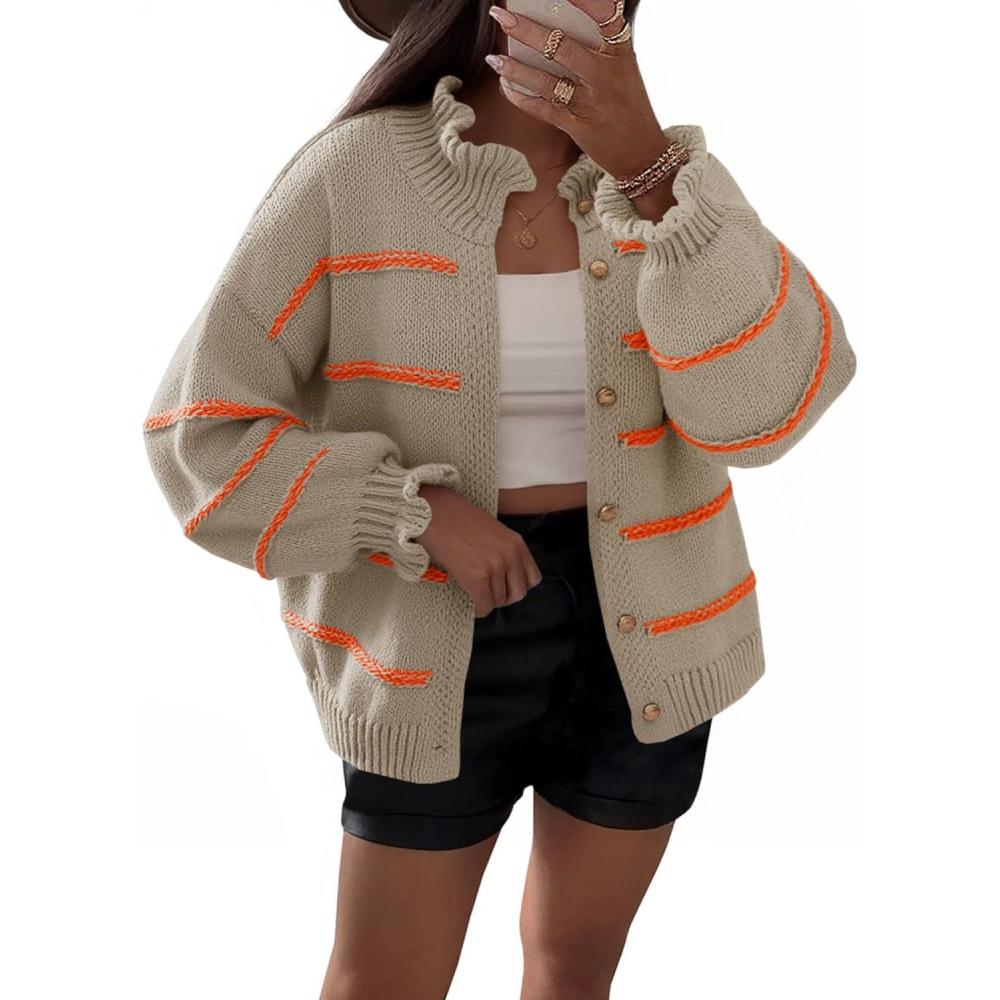 imageSaodimallsu Womens Striped Cardigan Sweaters Button Up Ruffle Open Front Chunky Knit Loose Fall Sweater CoatsKhaki