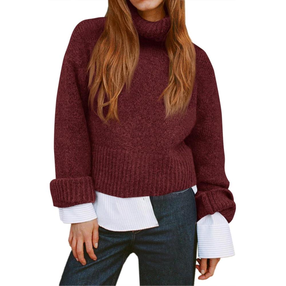 imageSaodimallsu Womens Turtleneck Fuzzy Sweaters Long Sleeve Chunky Knit Casual Loose Warm Fall Winter Pullover SweaterBurgundy