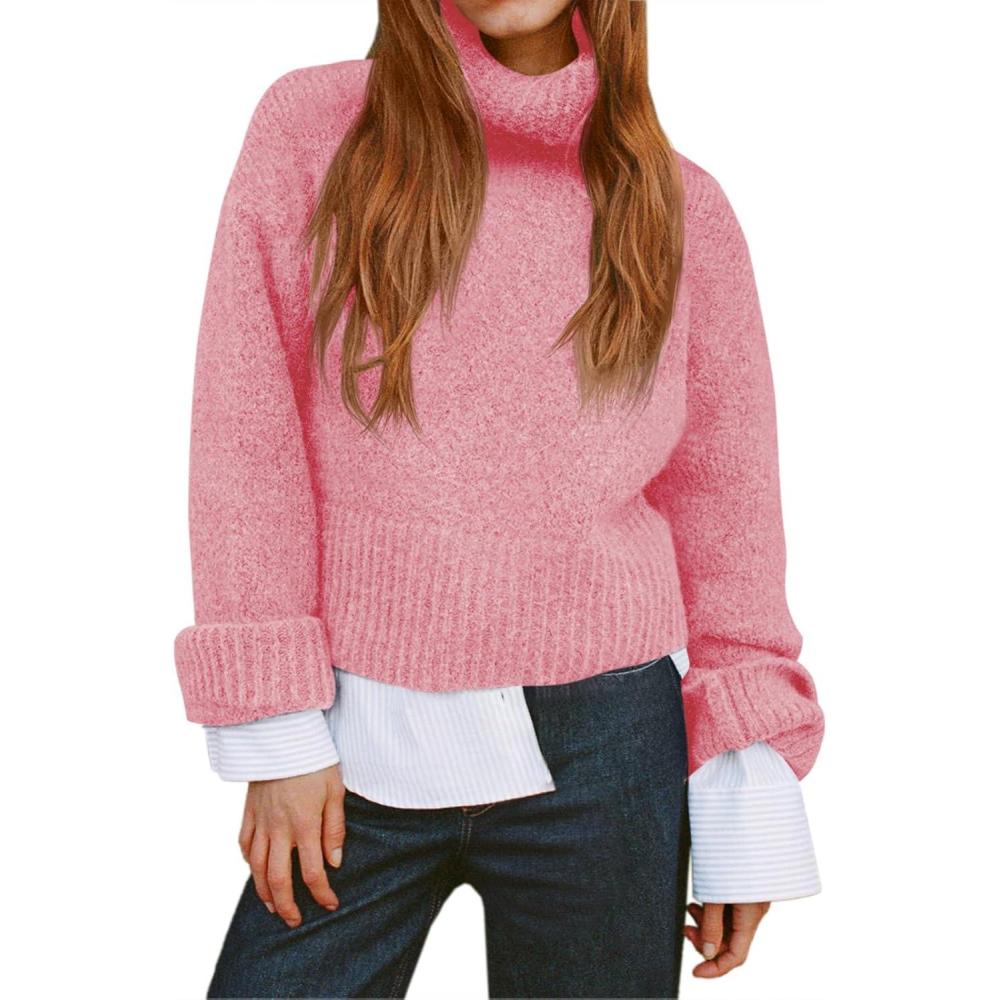 imageSaodimallsu Womens Turtleneck Fuzzy Sweaters Long Sleeve Chunky Knit Casual Loose Warm Fall Winter Pullover SweaterPink