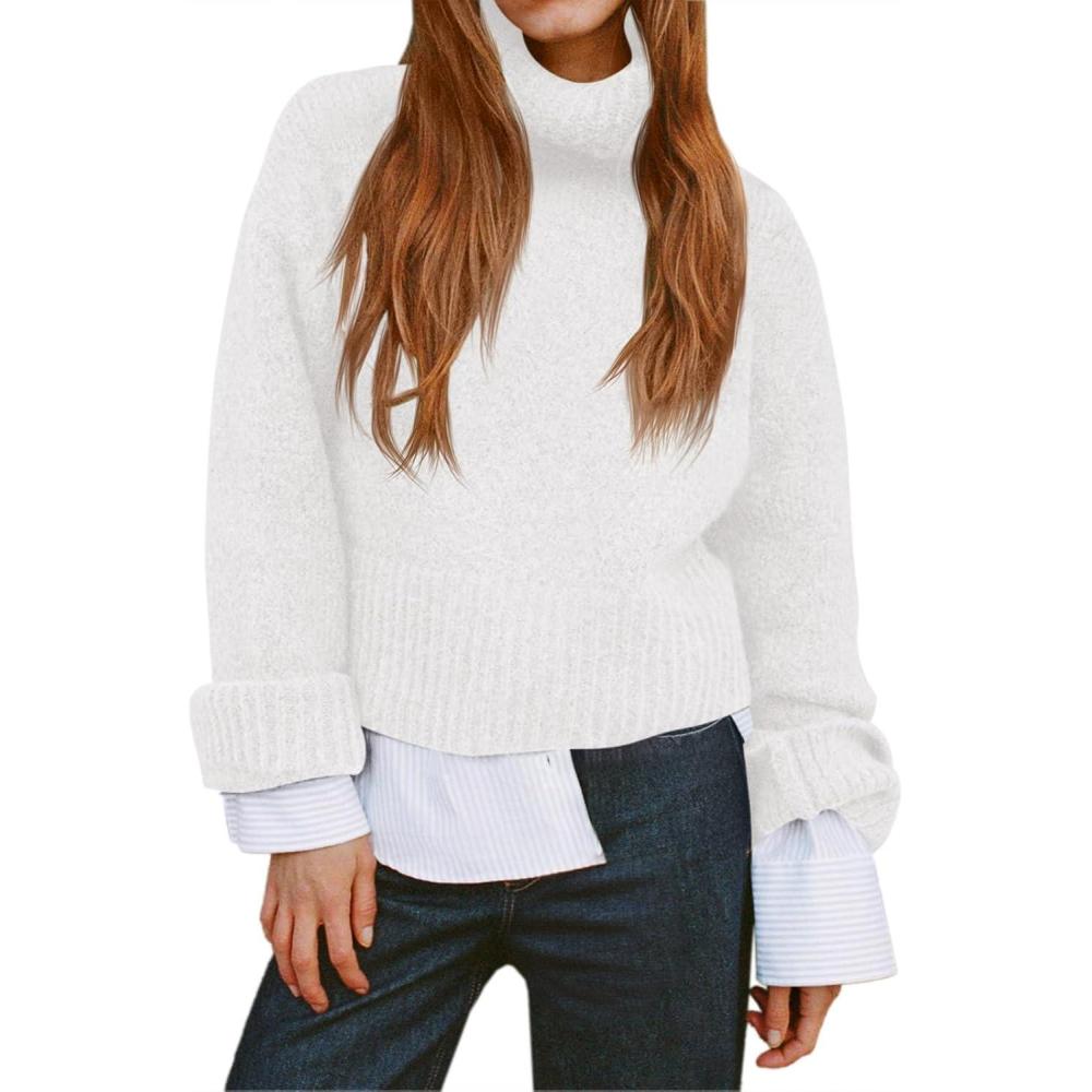 imageSaodimallsu Womens Turtleneck Fuzzy Sweaters Long Sleeve Chunky Knit Casual Loose Warm Fall Winter Pullover SweaterWhite