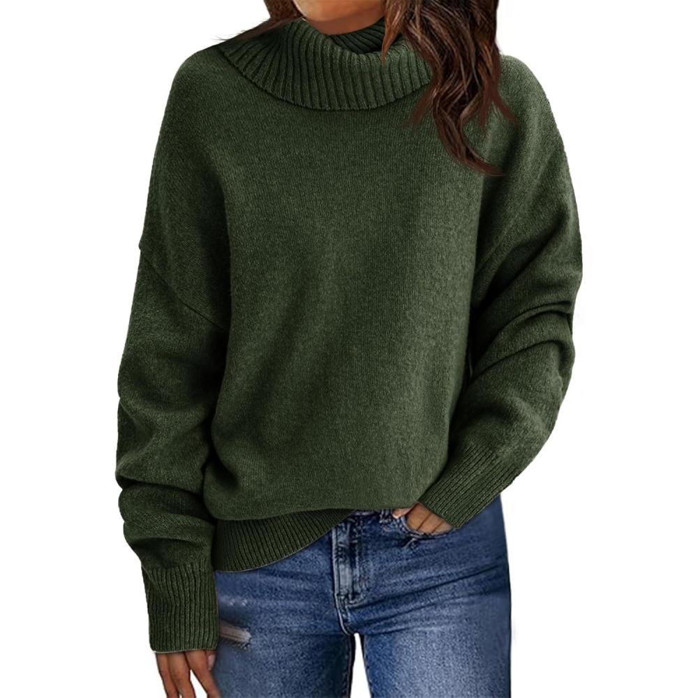 imageSaodimallsu Womens Turtleneck Sweaters Long Sleeve Casual Soft Knit Loose Fit Basic Fall Pullover Sweater TopsArmy Green