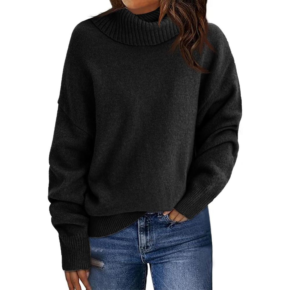 imageSaodimallsu Womens Turtleneck Sweaters Long Sleeve Casual Soft Knit Loose Fit Basic Fall Pullover Sweater TopsBlack