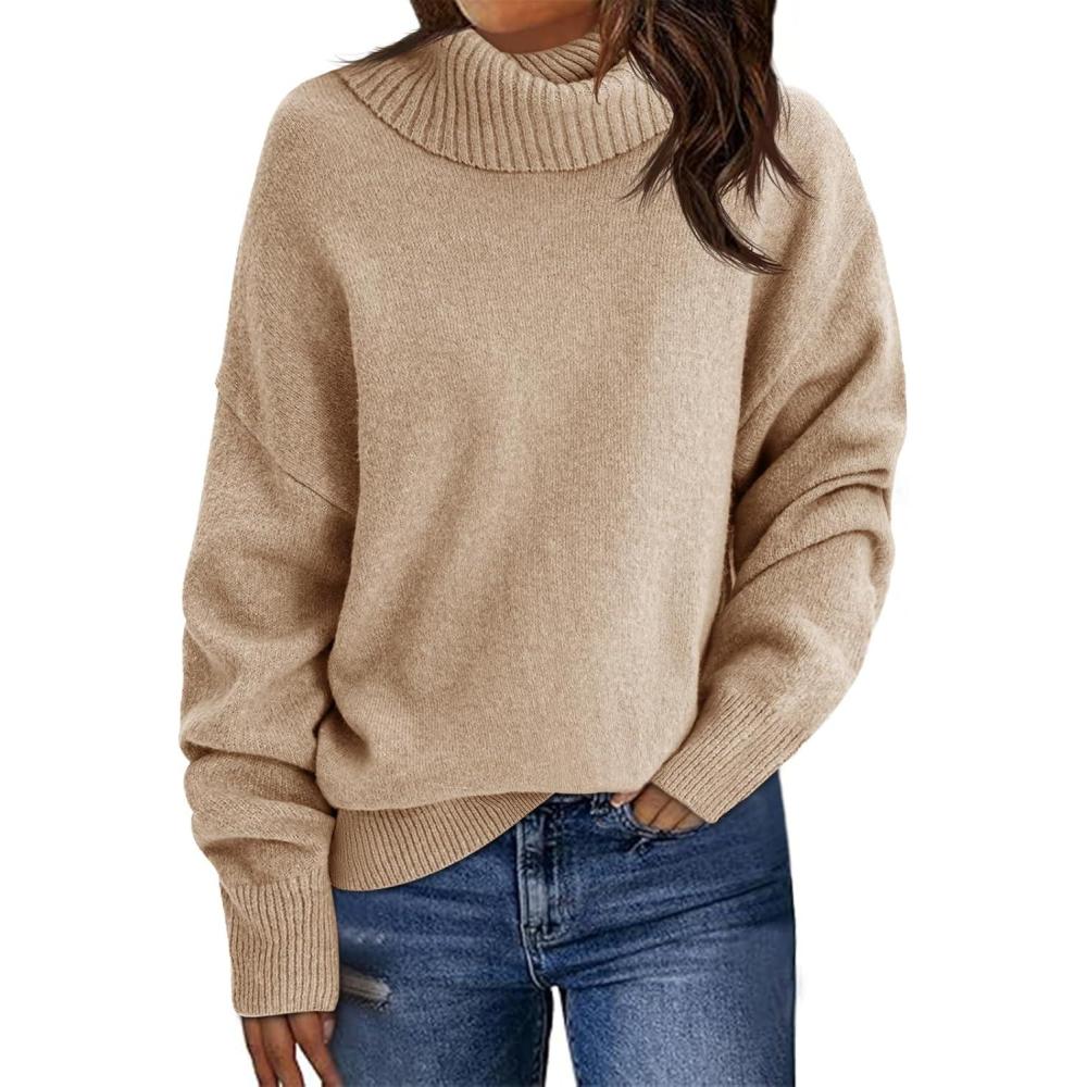 imageSaodimallsu Womens Turtleneck Sweaters Long Sleeve Casual Soft Knit Loose Fit Basic Fall Pullover Sweater TopsKhaki