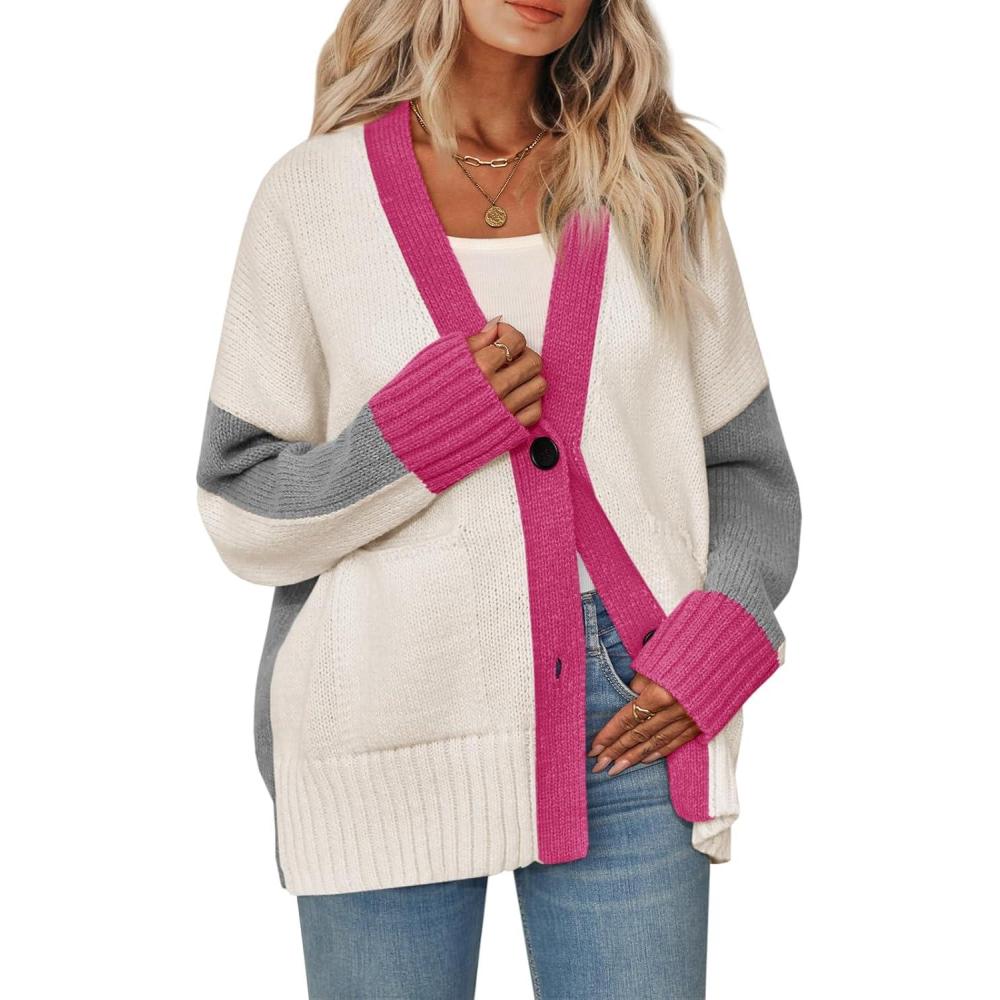 imageSaodimallsu Womens V Neck Cardigan Sweaters Color Block Button Oversized Long Sleeve Open Front Knit Sweater CoatsApricot