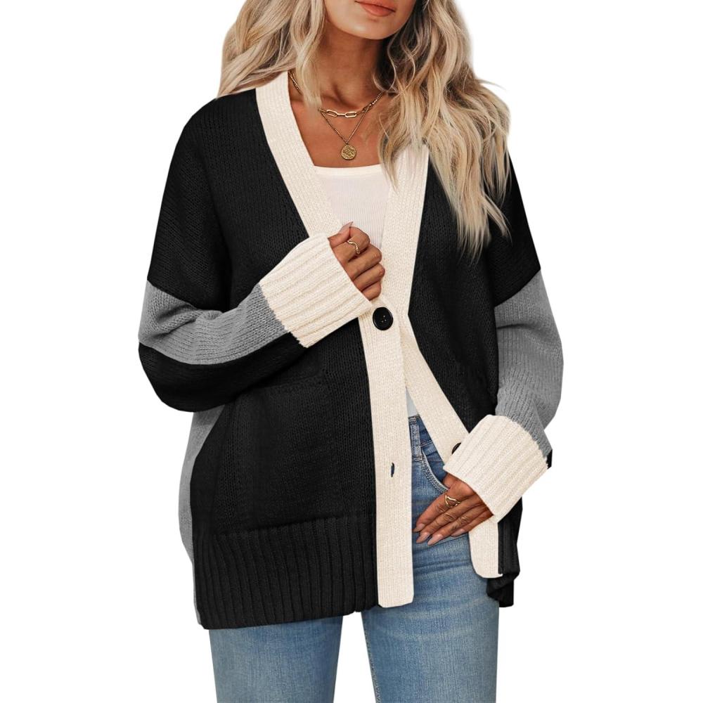 imageSaodimallsu Womens V Neck Cardigan Sweaters Color Block Button Oversized Long Sleeve Open Front Knit Sweater CoatsBlack