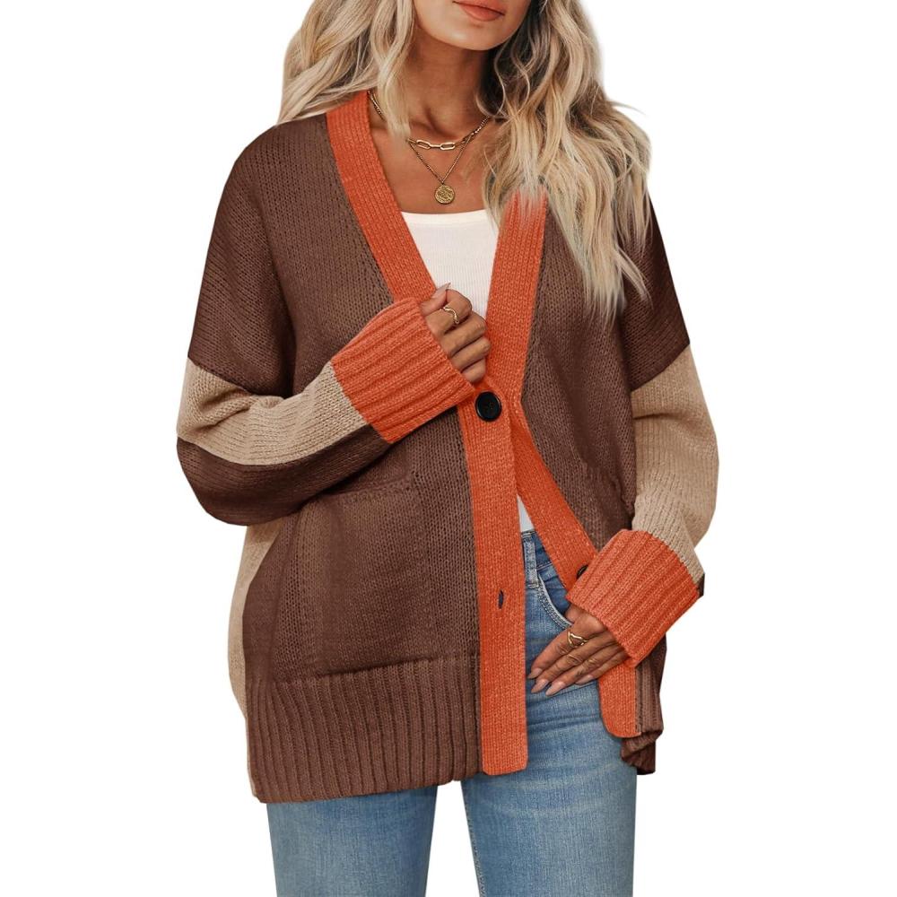 imageSaodimallsu Womens V Neck Cardigan Sweaters Color Block Button Oversized Long Sleeve Open Front Knit Sweater CoatsDark Brown
