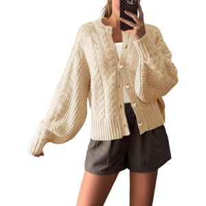 Saodimallsu Womens Cable Knit Cardigan Sweaters Button Up Crew Neck Long Sleeve Loose Fall Trendy Sweater Coats(Apricot)