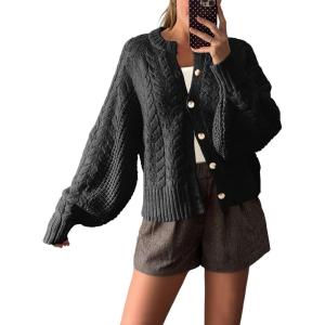 Saodimallsu Womens Cable Knit Cardigan Sweaters Button Up Crew Neck Long Sleeve Loose Fall Trendy Sweater Coats(Black)
