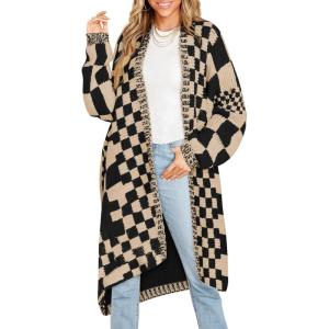Saodimallsu Womens Checkered Long Cardigans Chunky Oversized Open Front Batwing Sleeve Color Block Knit Sweater Coats(Apricot)