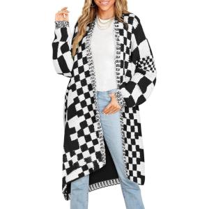 Saodimallsu Womens Checkered Long Cardigans Chunky Oversized Open Front Batwing Sleeve Color Block Knit Sweater Coats(Black&white)