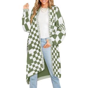 Saodimallsu Womens Checkered Long Cardigans Chunky Oversized Open Front Batwing Sleeve Color Block Knit Sweater Coats(Green)
