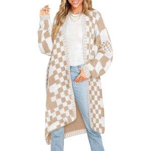 Saodimallsu Womens Checkered Long Cardigans Chunky Oversized Open Front Batwing Sleeve Color Block Knit Sweater Coats(Khaki)