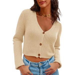 Saodimallsu Womens Cropped V Neck Cardigan Sweaters Long Sleeve Button Down Chunky Ribbed Knit Loose Crop Sweater Tops(Apricot)