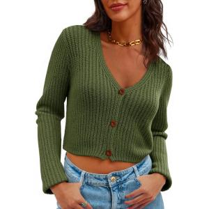 Saodimallsu Womens Cropped V Neck Cardigan Sweaters Long Sleeve Button Down Chunky Ribbed Knit Loose Crop Sweater Tops(Army Green)