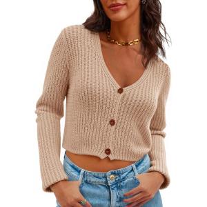 Saodimallsu Womens Cropped V Neck Cardigan Sweaters Long Sleeve Button Down Chunky Ribbed Knit Loose Crop Sweater Tops(Khaki)
