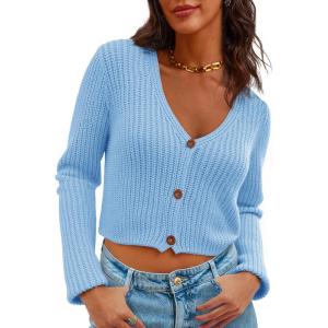 Saodimallsu Womens Cropped V Neck Cardigan Sweaters Long Sleeve Button Down Chunky Ribbed Knit Loose Crop Sweater Tops(Light Blue)
