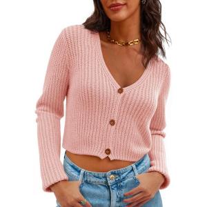 Saodimallsu Womens Cropped V Neck Cardigan Sweaters Long Sleeve Button Down Chunky Ribbed Knit Loose Crop Sweater Tops(Pink)
