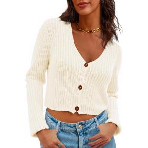 Saodimallsu Womens Cropped V Neck Cardigan Sweaters Long Sleeve Button Down Chunky Ribbed Knit Loose Crop Sweater Tops(White)