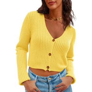 Saodimallsu Womens Cropped V Neck Cardigan Sweaters Long Sleeve Button Down Chunky Ribbed Knit Loose Crop Sweater Tops(Yellow)