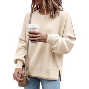 Saodimallsu Womens Fall Crew Neck Sweater Long Sleeve Color Block Sweaters Loose Casual Knit Pullover Tops(Apricot)