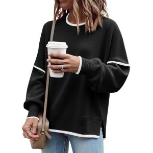 Saodimallsu Womens Fall Crew Neck Sweater Long Sleeve Color Block Sweaters Loose Casual Knit Pullover Tops(Black)