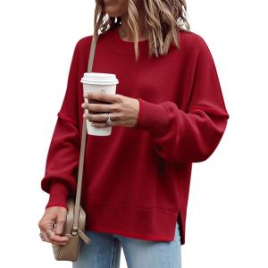 Saodimallsu Womens Fall Crew Neck Sweater Long Sleeve Color Block Sweaters Loose Casual Knit Pullover Tops(Burgundy)