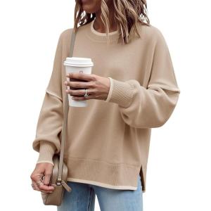 Saodimallsu Womens Fall Crew Neck Sweater Long Sleeve Color Block Sweaters Loose Casual Knit Pullover Tops(Khaki)