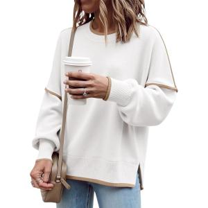 Saodimallsu Womens Fall Crew Neck Sweater Long Sleeve Color Block Sweaters Loose Casual Knit Pullover Tops(White)