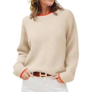 Saodimallsu Womens Fall Sweaters Long Sleeve Crew Neck Casual Trendy Chunky Ribbed Knit Color Block Loose Pullover Tops(Apricot)