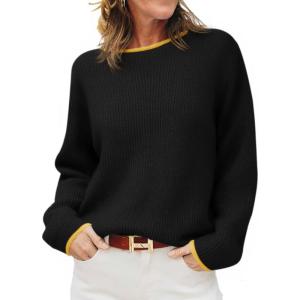 Saodimallsu Womens Fall Sweaters Long Sleeve Crew Neck Casual Trendy Chunky Ribbed Knit Color Block Loose Pullover Tops(Black)
