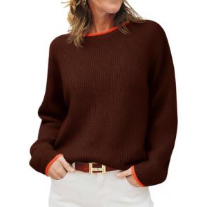 Saodimallsu Womens Fall Sweaters Long Sleeve Crew Neck Casual Trendy Chunky Ribbed Knit Color Block Loose Pullover Tops(Brown)