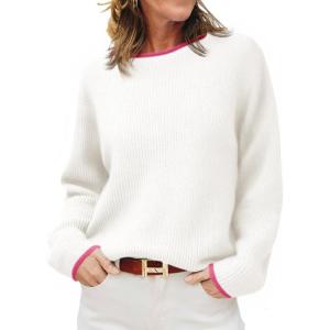 Saodimallsu Womens Fall Sweaters Long Sleeve Crew Neck Casual Trendy Chunky Ribbed Knit Color Block Loose Pullover Tops(White)