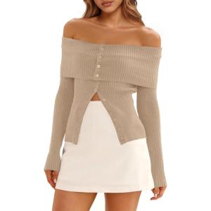 Saodimallsu Womens Off The Shoulder Sweaters Long Sleeve Fitted Ribbed Knit Button Down Trendy Date Night Sweater Tops(Khaki)