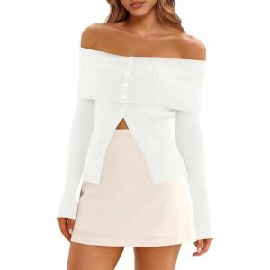 Saodimallsu Womens Off The Shoulder Sweaters Long Sleeve Fitted Ribbed Knit Button Down Trendy Date Night Sweater Tops(White)