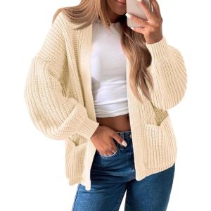 Saodimallsu Womens Oversized Cardigan Ribbed Chunky Knit Long Lantern Sleeve Open Front Fall Sweater Coats(Apricot)