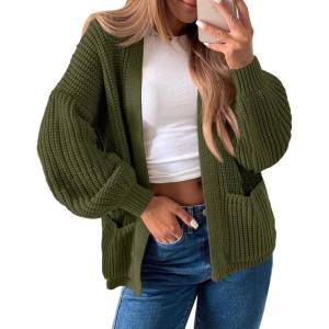 Saodimallsu Womens Oversized Cardigan Ribbed Chunky Knit Long Lantern Sleeve Open Front Fall Sweater Coats(Army Green)