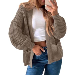 Saodimallsu Womens Oversized Cardigan Ribbed Chunky Knit Long Lantern Sleeve Open Front Fall Sweater Coats(Brown)