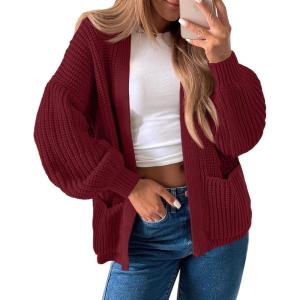 Saodimallsu Womens Oversized Cardigan Ribbed Chunky Knit Long Lantern Sleeve Open Front Fall Sweater Coats(Burgundy)