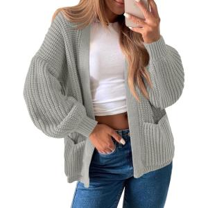 Saodimallsu Womens Oversized Cardigan Ribbed Chunky Knit Long Lantern Sleeve Open Front Fall Sweater Coats(Grey)