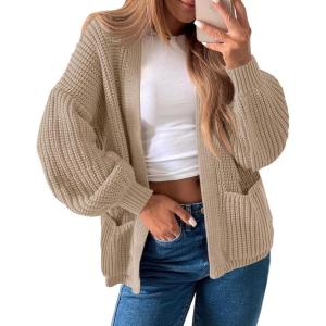 Saodimallsu Womens Oversized Cardigan Ribbed Chunky Knit Long Lantern Sleeve Open Front Fall Sweater Coats(Khaki)