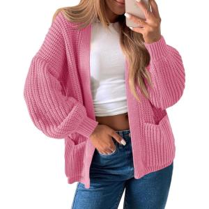 Saodimallsu Womens Oversized Cardigan Ribbed Chunky Knit Long Lantern Sleeve Open Front Fall Sweater Coats(Pink)