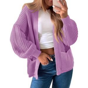 Saodimallsu Womens Oversized Cardigan Ribbed Chunky Knit Long Lantern Sleeve Open Front Fall Sweater Coats(Purple)