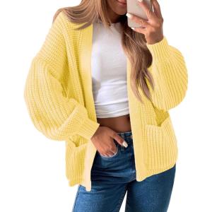 Saodimallsu Womens Oversized Cardigan Ribbed Chunky Knit Long Lantern Sleeve Open Front Fall Sweater Coats(Yellow)