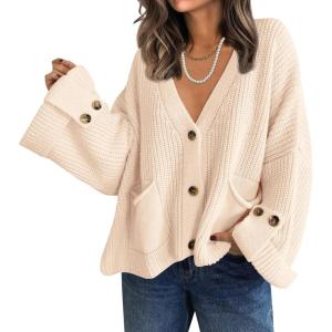 Saodimallsu Womens Oversized Cardigan Sweaters Button Up V Neck Long Sleeve Open Front Chunky Knit Sweater Coats(Beige)