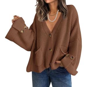 Saodimallsu Womens Oversized Cardigan Sweaters Button Up V Neck Long Sleeve Open Front Chunky Knit Sweater Coats(Brown)