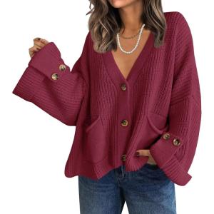 Saodimallsu Womens Oversized Cardigan Sweaters Button Up V Neck Long Sleeve Open Front Chunky Knit Sweater Coats(Burgundy)