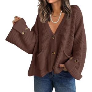 Saodimallsu Womens Oversized Cardigan Sweaters Button Up V Neck Long Sleeve Open Front Chunky Knit Sweater Coats(Coffee)