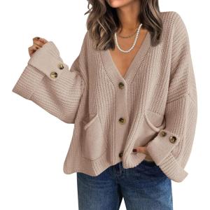 Saodimallsu Womens Oversized Cardigan Sweaters Button Up V Neck Long Sleeve Open Front Chunky Knit Sweater Coats(Khaki)