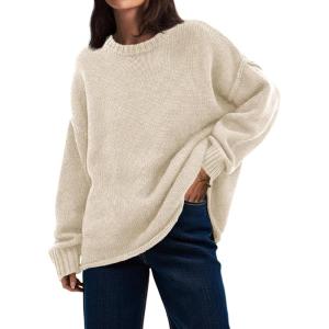 Saodimallsu Womens Oversized Crew Neck Sweaters Long Sleeve Slouchy Knit Fall Casual Loose Pullover Tops(Beige)