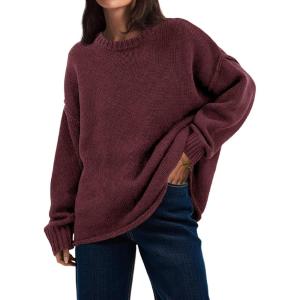 Saodimallsu Womens Oversized Crew Neck Sweaters Long Sleeve Slouchy Knit Fall Casual Loose Pullover Tops(Burgundy)